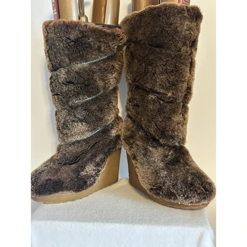 Tory Burch Womens 7 Kiki Sheep Shearling Fur Wedge Heel Boots Brown Pull On
